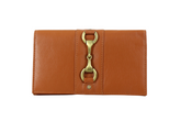 Tan leather wallet with a gold clasp on a white background